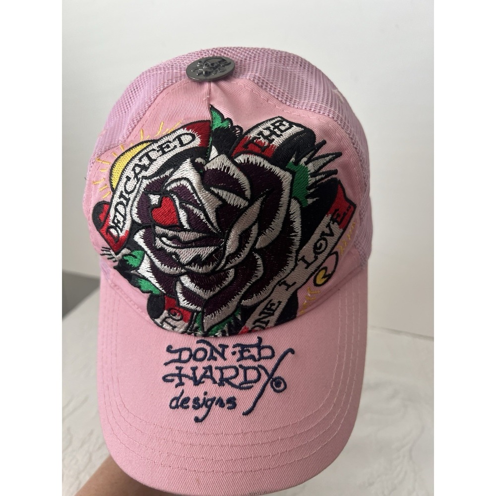 VTG Y2K Ed Hardy Hat Cap Snap Back Mesh‎ Trucker Pink Dedicated Tattoo Denim